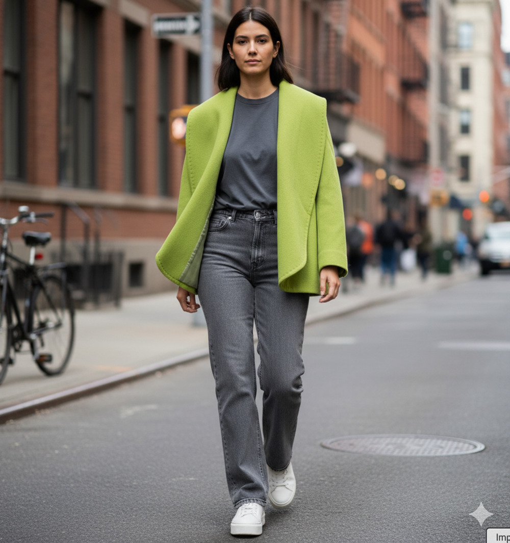 Chartreuse Boho Open Cape Blazer with Shawl Lapel Stitch Detail wool Sz-M/L